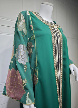 Siskakia Ramadan Muslim Women's Gold Stamping Petal Sleeve Abaya O-Neck Stripe Dubai Dresses For Women Gala