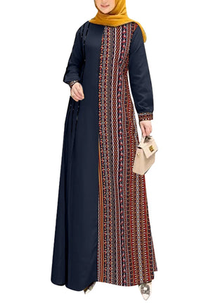 ZANZEA Women Ethnic Printed Panels Maxi Dress Long Sleeve Hijab O Neck Muslim Islamic Patchwork Vestidos Loose Casual Abaya Robe