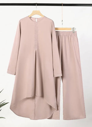 Ramadan Two Piece Sets Shirt &Pants Women Muslim Suits Shirt Blouse Musulman Ensembles Moroccan Kaftan Islamic Dress Sets