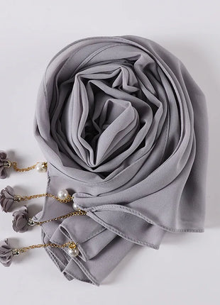 Fashion Flowers Pearl Tassel Chiffon Long Scarf Hijabs Elegant Womens Party Turban Headwear Solid Color Headscarf Shawls Scarves