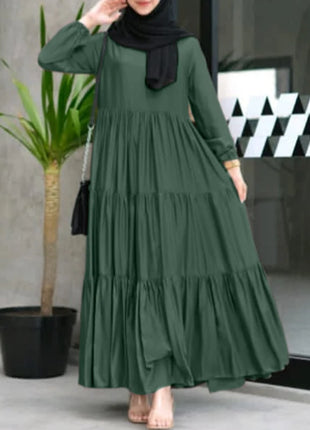 ZANZEA Muslim Fashion Tiered Long Dresses Women Islamic Hijab Style Casual Long Sleeve O Neck Maxi Vestidos Solid Abaya Robes
