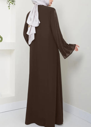 Muslim Fashion Women's Hot Diamond Long Sleeve Loose Coffee Style Elegant Dress