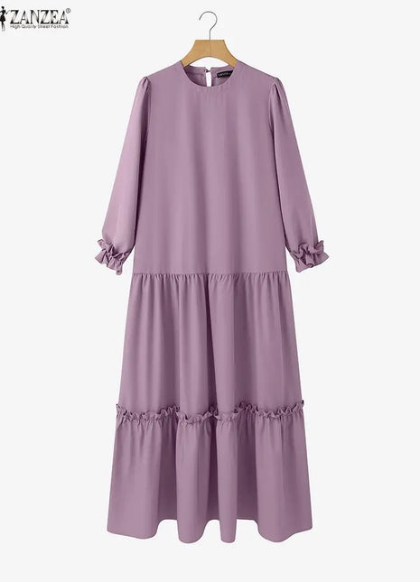 ZANZEA Women 2026 Spring O Neck Long Sleeve Dresses Elegant Muslim Abaya Dress Ramadan Robe Stylish Flounce Maxi Dresses Kaftan
