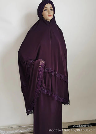 Ramadan  Long Khimar Muslim Abaya Women Prayer Garment Saudi Prayer Dress Lace Trim Silky 2 Piece Skirt Sets Eid Niqab jilbab