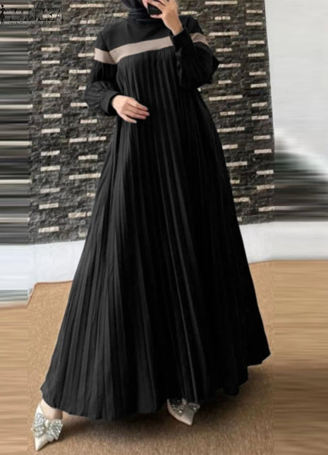 ZANZEA Autumn Women Muslim Dress Turkey Abaya Elegant Long Lantern Sleeve Patchwork Sundress Pleated Vestidos Islamic Dubai Robe