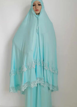 Ramadan  Long Khimar Muslim Abaya Women Prayer Garment Saudi Prayer Dress Lace Trim Silky 2 Piece Skirt Sets Eid Niqab jilbab