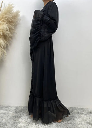 Fashion Lace Stitching Muslim Abaya Dubai Full Length Flare Sleeve Lace Abaya Dubai Turkey Muslim Islam Robe With Belt WY1391