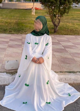 Women Dress Muslim Abaya for Eid Arab Bow Flare Sleeve Long Robe Jalabiya Ramadan Dubai Abayas Kaftan Vestidos Morocco Dresses