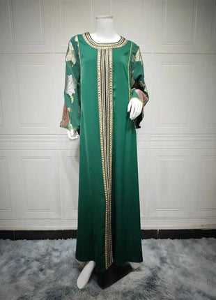 Ramadan Muslim Women's Gold Stamping Petal Sleeve Abaya O-Neck Stripe Dubai Dresses For Women Gala