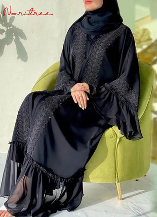 Fashion Lace Stitching Muslim Abaya Dubai Full Length Flare Sleeve Lace Abaya Dubai Turkey Muslim Islam Robe With Belt WY1391
