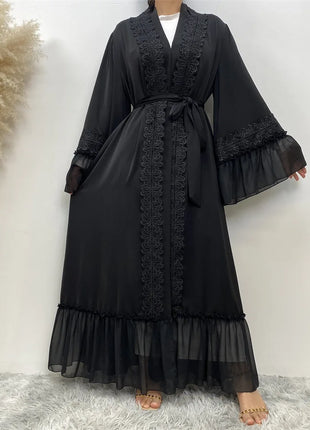 Fashion Lace Stitching Muslim Abaya Dubai Full Length Flare Sleeve Lace Abaya Dubai Turkey Muslim Islam Robe With Belt WY1391
