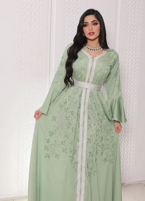 Middle East Hot Diamond Kaftan Robe Dress V-neck High Waist 2025 Autumn And Winter New Fashion High Street Long