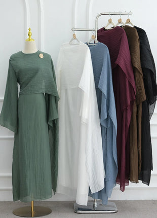 Two Piece Middle East Muslim Cardigan Set for Women Ramadan Eid Dubai Modest Abaya Dress Elegant Islam Solid Turkey Robe Outfit