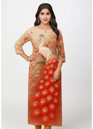 Muslim Peacock Kurt Women's Fashion Comfortable Long Sleeve Straight Casual Ethnic Peacock Pattern Robe Musulman Femme