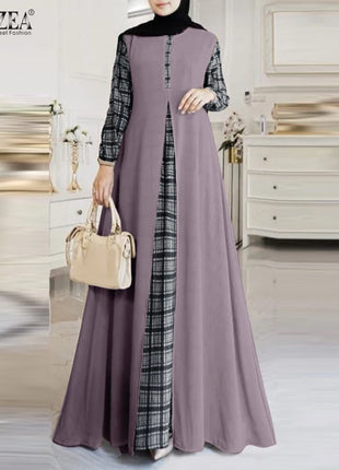 ZANZEA Women Patchwork Muslim Dress Fashion Abaya Robe Femme IsIamic Vestidos Kaftan Spring Long Sleeve Plaid Checked Sundress