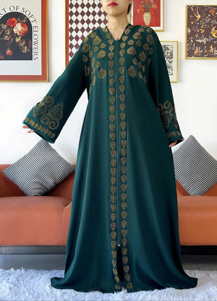 2024 Women Party Dress Chiffon Open Abaya Golden Stones Muslim Women Dress Islamic Clothing Cardigan Abaya Women Muslim Dress