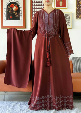 New 2025 Dubai Diamonds Muslim Women Modest Dress Elegant Arabic Femme Hijab Long Sleeve Chiffon Abaya Islamic Turkey Clothing