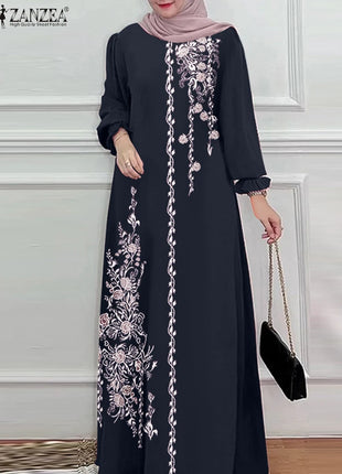 Autumn Muslim Dresses Vintage Dubai Turkey Abaya Hijab Sundress ZANZEA Women Bohemian Floral Printed Long Dress Robe Femme 2025