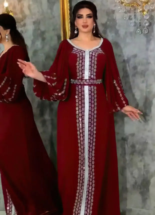 Abaya Muslim Women Party Dresses Chiffon Sequins Jalabiya Ramadan Eid Morocco Islam Sashes Vestidos Arab Long Robe Dubai Kaftan