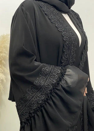 Fashion Lace Stitching Muslim Abaya Dubai Full Length Flare Sleeve Lace Abaya Dubai Turkey Muslim Islam Robe With Belt WY1391