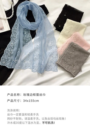 New Lace Beaded Silk Scarf Women's Spring and Autumn Thin Shawl Outer Decorative Scarf Yarn Versatile Tide