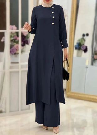Ramadan Women Eid Muslim Two Pieces Set Split Blouse & Pant Musulman Ensemble Button Shirt Pants Matching Sets Femme Abaya 2024