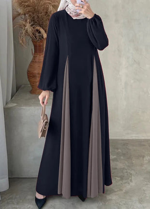 ZANZEA Women Color Block Patchwork Maxi Dress Fake Two-Piece Islamic O Neck Muslim Long Dresses Long Sleeve 2024 Fall Abaya Robe