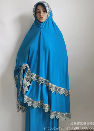 Ramadan  Long Khimar Muslim Abaya Women Prayer Garment Saudi Prayer Dress Lace Trim Silky 2 Piece Skirt Sets Eid Niqab jilbab
