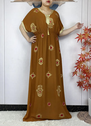 New African Abaya Women Elegant Dress Collect Waist Straight Cotton Embroider Dress Loose Caftan Femme Clothing Islamic Dresses