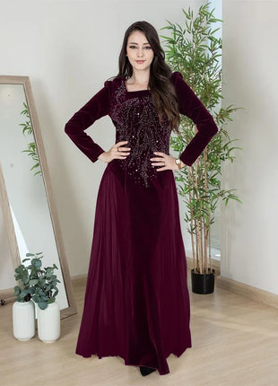Women Dubai Arab Muslim Velvet Chiffon Splicing Diamond Evening Dress Jalabia Women's Clothing Abaya Robe