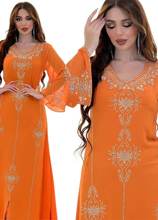 Women's Long Sleeve Polyester Abaya — Diamond Detail V-Neck Dress