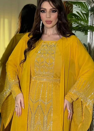 Eid Muslim Party Dress for Women Fake 2 Piece Diamond Ramadan Abaya Belt Flare Sleeve Kaftan Vestidos Largos Dubai Robe Jalabiya