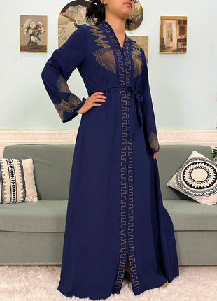 Muslim Chiffon Abayas For Women 2024 Dubai Islam Loose Fit  Femme Robe Long Sleeved Diamond Studded Solid Color With Belt Turban