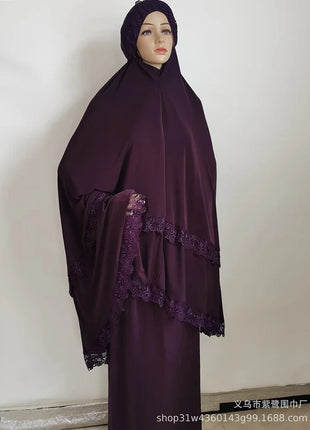 Ramadan  Long Khimar Muslim Abaya Women Prayer Garment Saudi Prayer Dress Lace Trim Silky 2 Piece Skirt Sets Eid Niqab jilbab