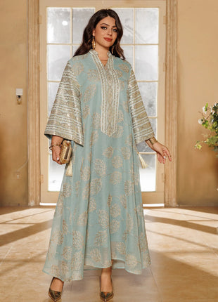 Muslim Women's Light Blue Islamic Embroidered Abaya with Gold Detailing Ideal for Formal Events in Middle East like UAE Saudi