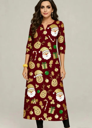 Muslim Kurt Women's Casual Fashion Dress National style Straight Tube Casual Ethnic Red Flower Kaftan Moroccan Women