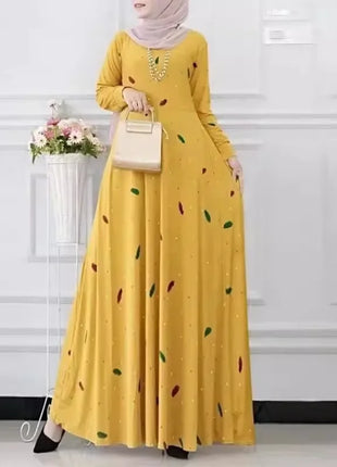 Muslim Leaf Pattern Long Sleeve Dress for Women Casual Bohemian Polka Dot Print Holiday Muslim Dress Full Length Abayas Dubai