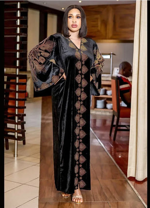 Velvet African Dresses for Women Evening Party Dress Dashiki Africa Clothing Long Robe Dubai Moroccan Flare Sleeve Nigeria Gown