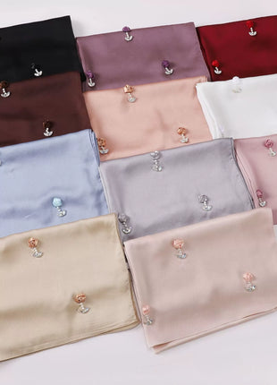 New Bubble Chiffon Hijab Scarf Handmade Flower Beaded Anchor Satin Silk Scarf  Hijabs for Women Turban Femme Ramadan Islamic