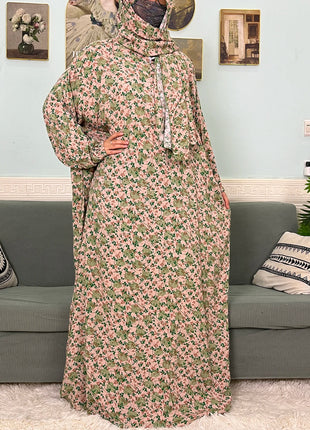 Muslim Cotton Abayas For Women Traditional Floral Ramadan Prayer Garment African Caftan Marocain Femme Robe Connected Headscarf