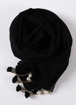 Fashion Flowers Pearl Tassel Chiffon Long Scarf Hijabs Elegant Womens Party Turban Headwear Solid Color Headscarf Shawls Scarves