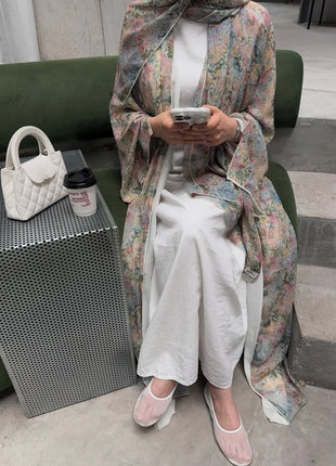 Middle Eastern Elegant Arabic Traditional Cardigan Long-Sleeved Floral Print Abaya Robe with Headscarf