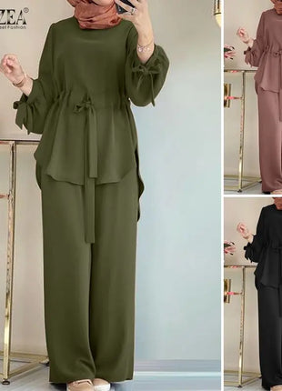 ZANZEA Muslim Women Matching Sets Long Sleeve Solid Color Tops And Loose Pant Suits Elegant Fashion Casual Tracksuit Kaftan 2025