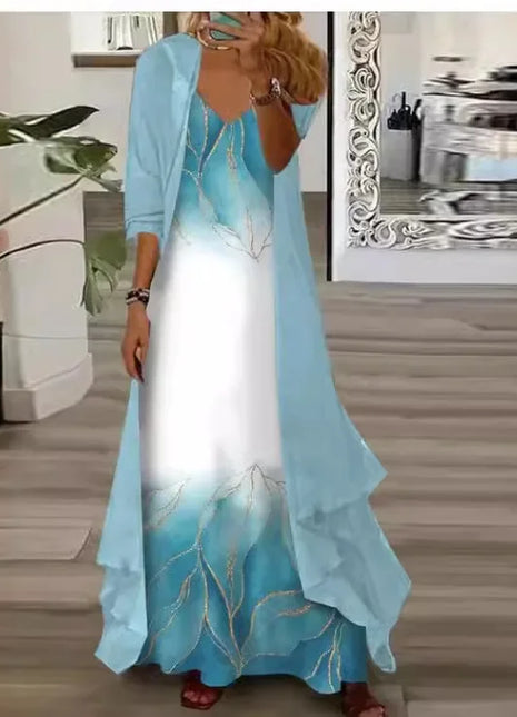 Independent Stand Floral Print Women's Dress Two-Piece Set Short Sleeve Ankle-Length Polyester Fiber Regular Waist Line