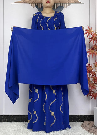 New African Abaya Women Elegant Dress Collect Waist Straight Cotton Embroider Dress Loose Caftan Femme Clothing Islamic Dresses