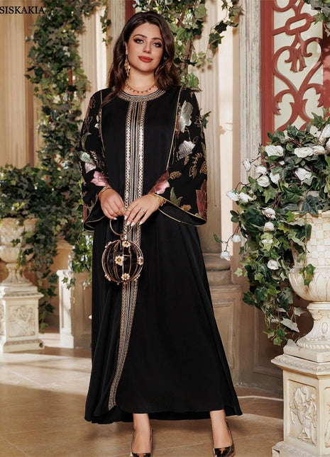 Siskakia Ramadan Muslim Women's Gold Stamping Petal Sleeve Abaya O-Neck Stripe Dubai Dresses For Women Gala