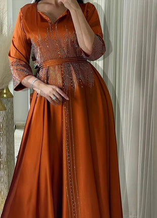Eid Satin Dress for Women Diamond Muslim Ramadan Party Abaya Long Dress Belt Kaftan Vestidos Largos Dubai Robe Jalabiya 2024