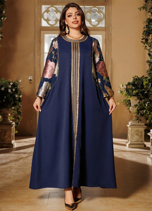 Siskakia Ramadan Muslim Women's Gold Stamping Petal Sleeve Abaya O-Neck Stripe Dubai Dresses For Women Gala