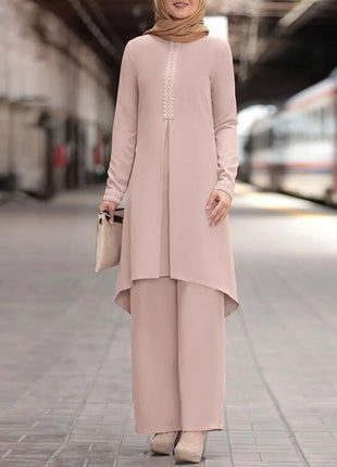Ramadan Two Piece Sets Shirt &Pants Women Muslim Suits Shirt Blouse Musulman Ensembles Moroccan Kaftan Islamic Dress Sets