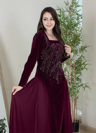 Women Dubai Arab Muslim Velvet Chiffon Splicing Diamond Evening Dress Jalabia Women's Clothing Abaya Robe